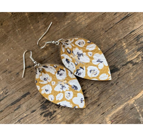 Mustard Yellow Poppy Print Leather Earrings