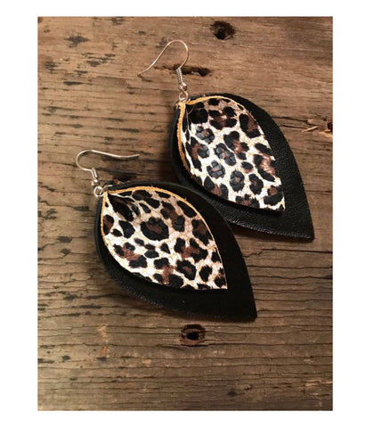 Black and Leopard Leather Earrings