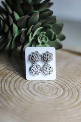 Double Earring Set - Gray Succulent