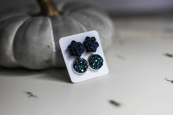 Double Earring Set - Navy Succulent