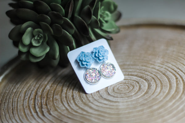 Double Earring Set - Baby Blue Succulent