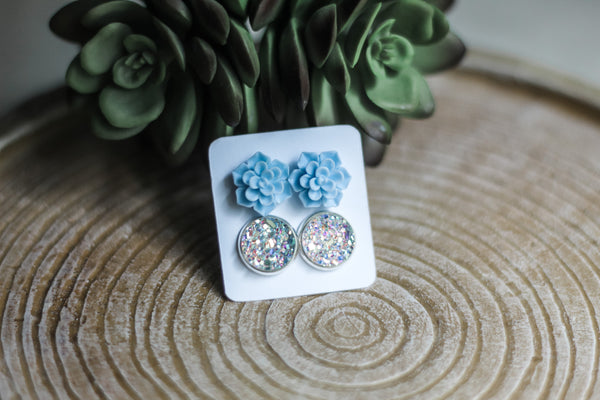 Double Earring Set - Baby Blue Succulent