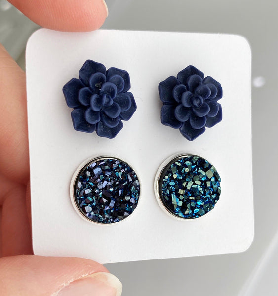 Double Earring Set - Navy Succulent