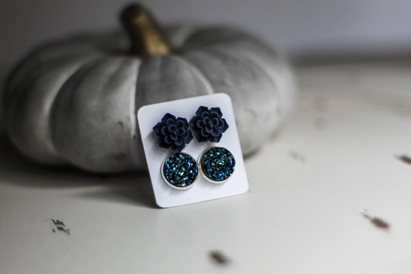 Double Earring Set - Navy Succulent