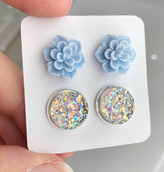 Double Earring Set - Baby Blue Succulent