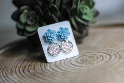 Double Earring Set - Baby Blue Succulent